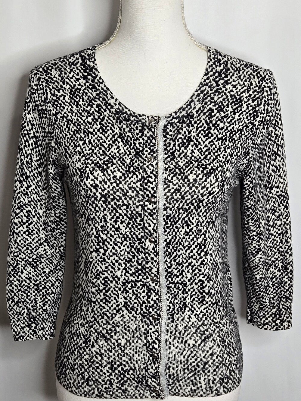 WHBM Black White Abstract Animal Print Studded Fringe Cardigan NWOT S